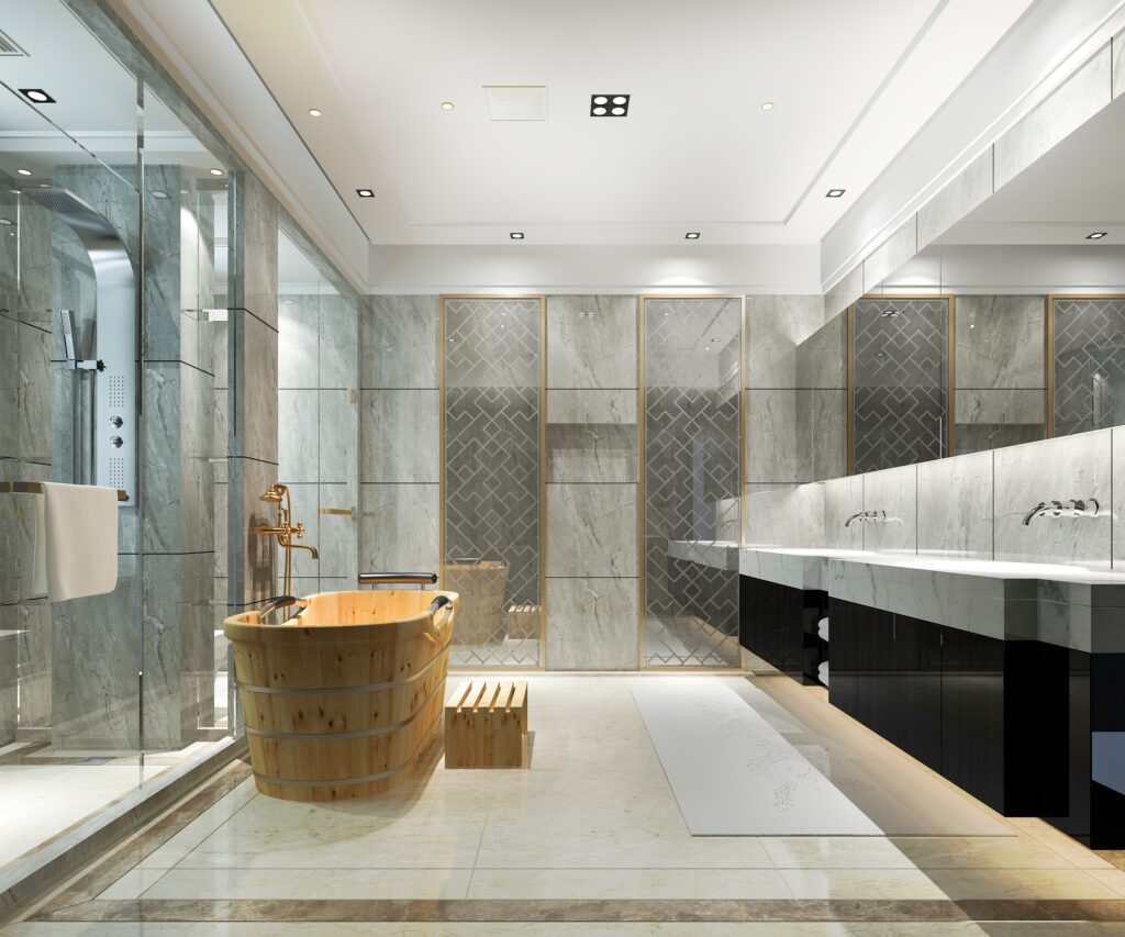 3d rendering classic modern bathroom with luxury tile decor
